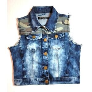 Thrill Vest M Womens Distressed Denim Camo Sleeveless Western Crop Grunge Punk